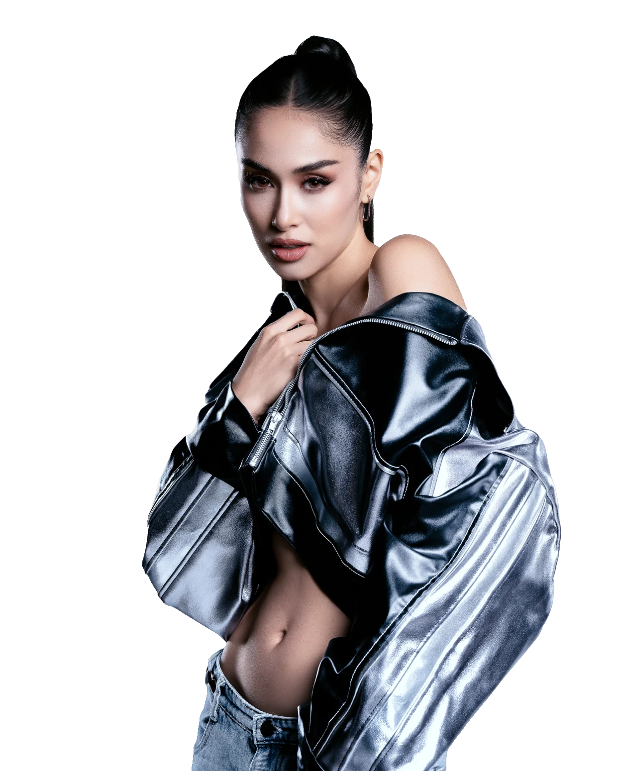 Nicole Borromeo in a silver metallic jacket