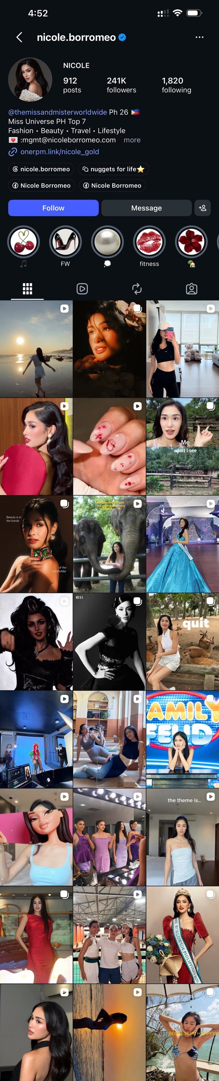 Screenshot of Nicole's Instagram profile: 912 posts, 241K followers, 1,820 following, with her post grid