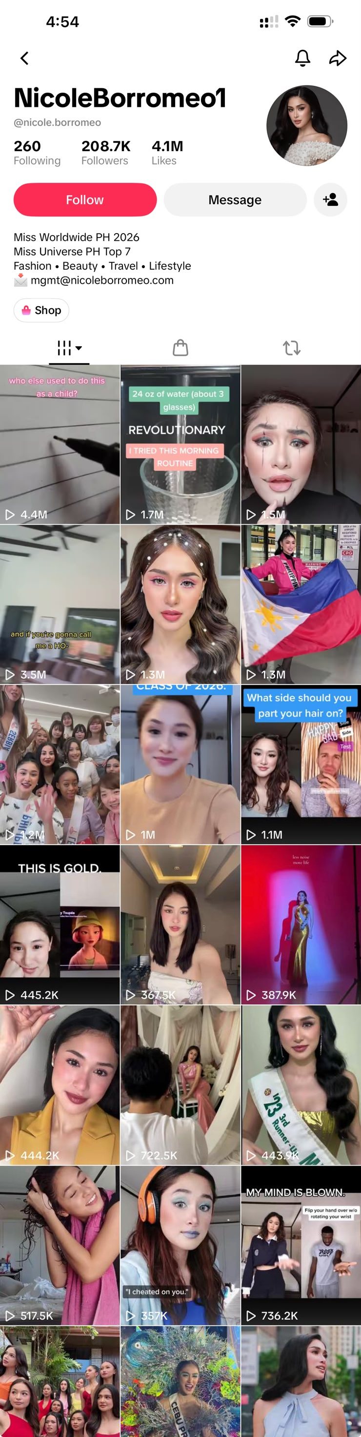 Screenshot of Nicole's TikTok profile: 260 following, 208.7K followers, 4.1M likes, with her video grid
